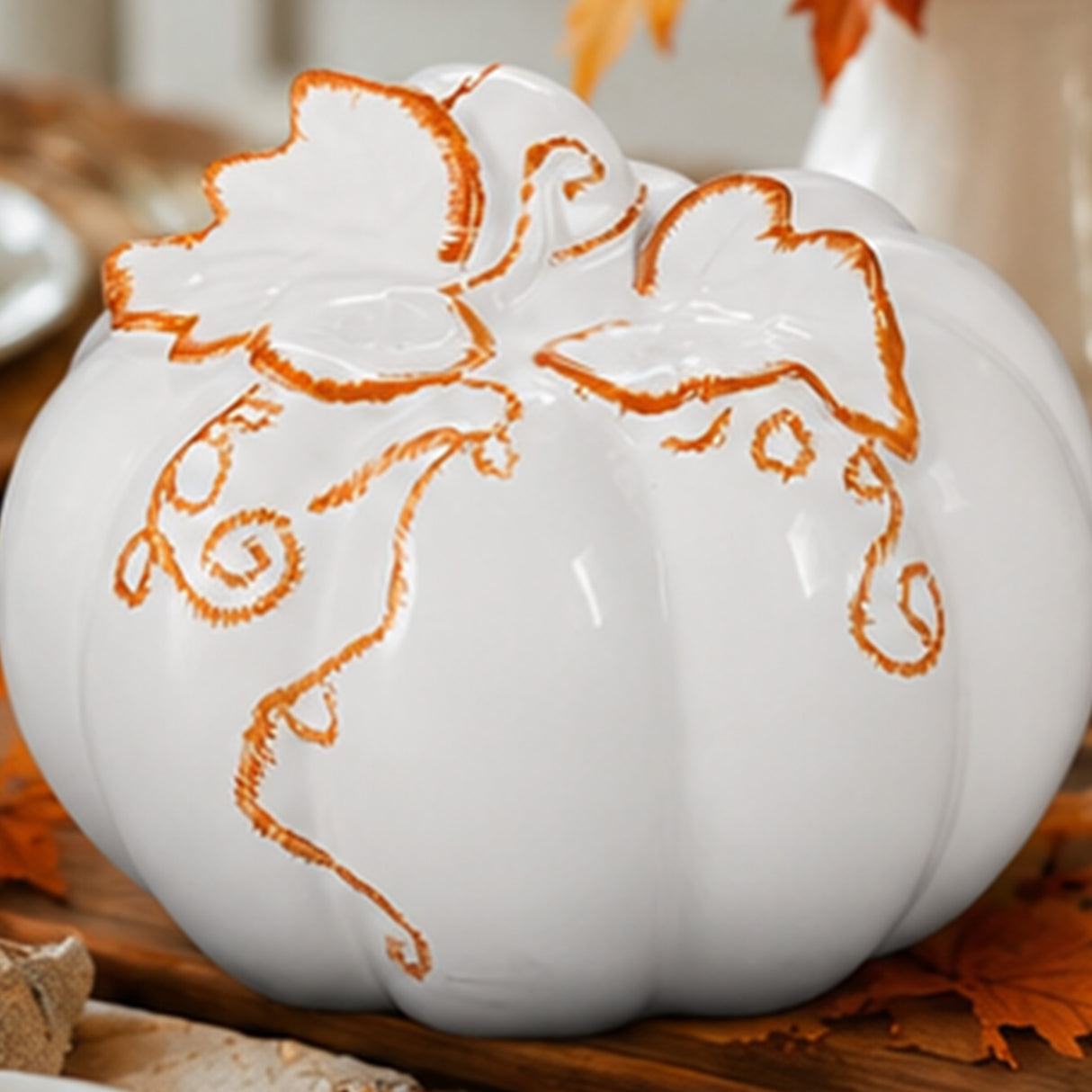 10" White Ceramic Pumpkin with Molded Leaves & Vines Halloween Decoration