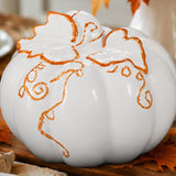 10" White Ceramic Pumpkin with Molded Leaves & Vines Halloween Decoration