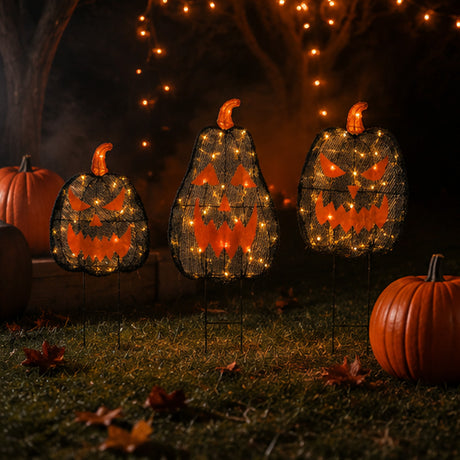 35 in. 3-Piece Halloween Pre-Lit Menacing Jack-O’-Lantern Trio with LED Lights Plug-In