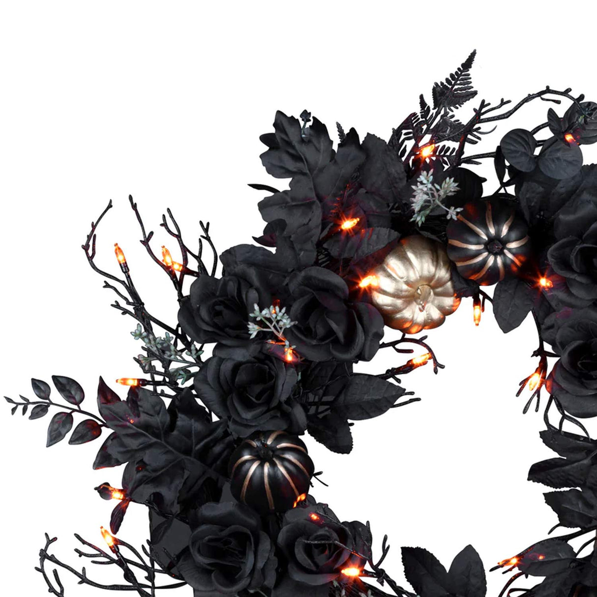 Halloween Chic Eek Black and Gold Wreath with LED Lights