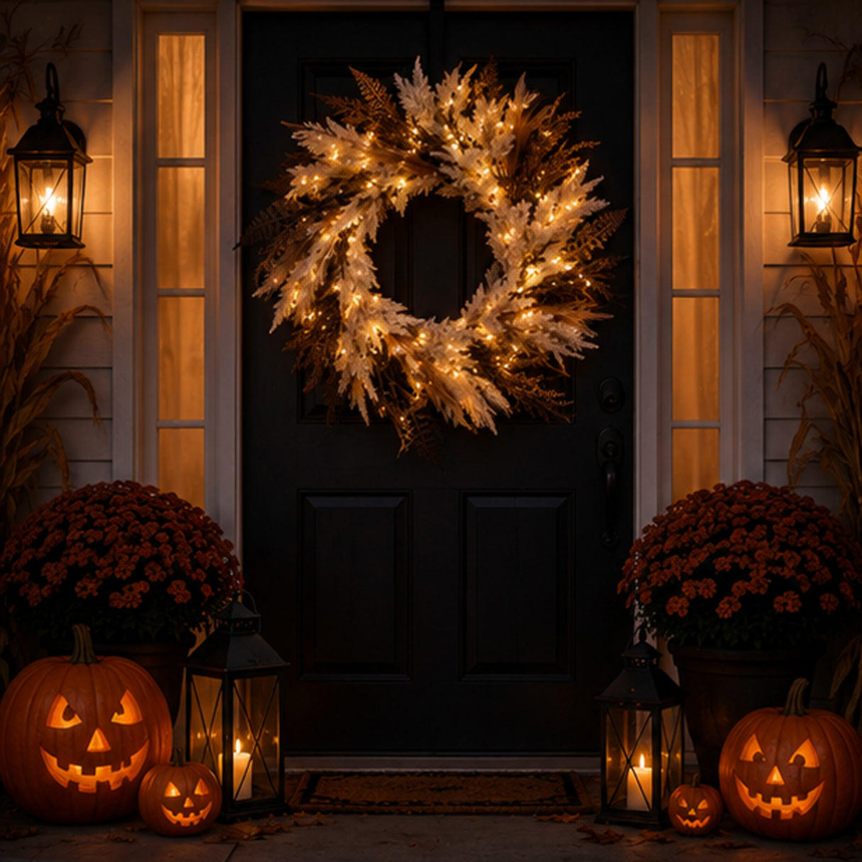 26 in Pre Lit Orange Black Pampas Halloween Wreath LED Decor