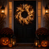 26 in Pre Lit Orange Black Pampas Halloween Wreath LED Decor