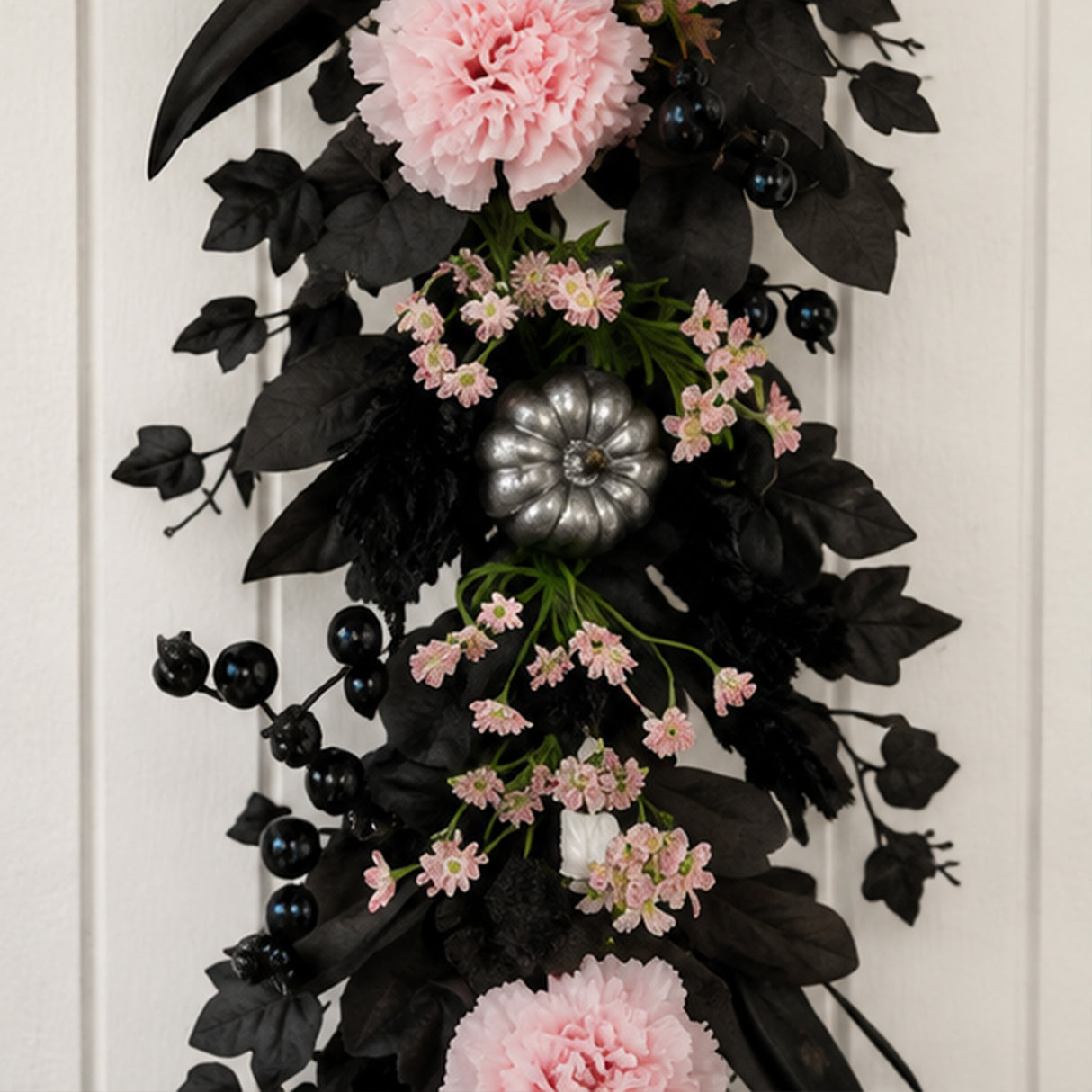 6FT Pink Carnation Halloween Garland with Silver Pumpkins