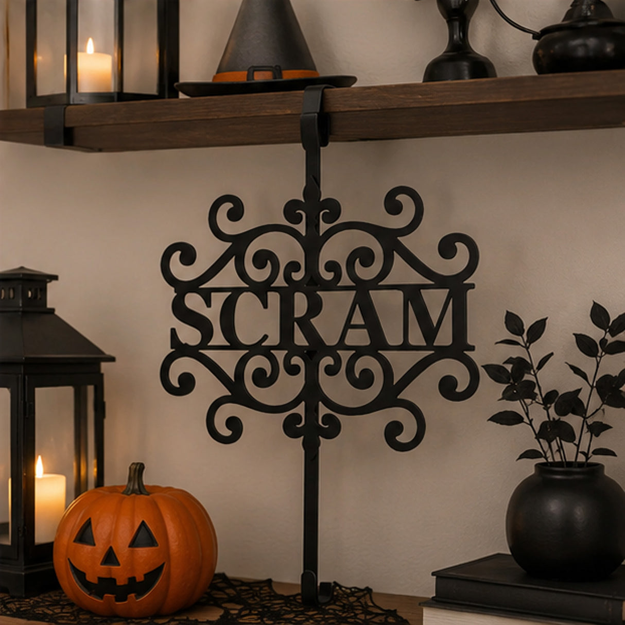16IN Halloween “Scram” Metal Wreath Hanger Door Decor