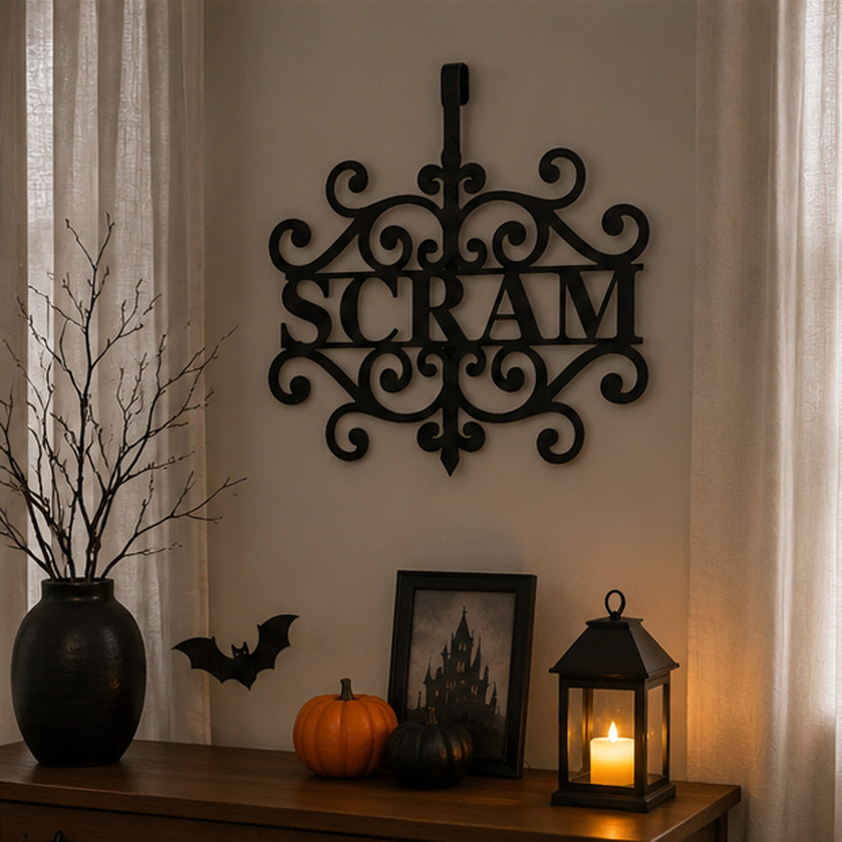 16IN Halloween “Scram” Metal Wreath Hanger Door Decor