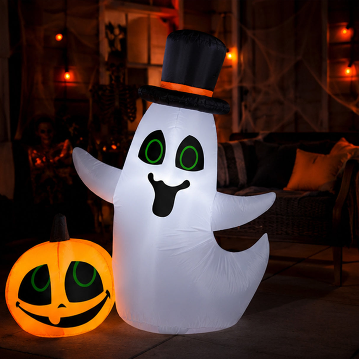 4FT Inflatable Smiling Ghost with Pumpkin Halloween Decor