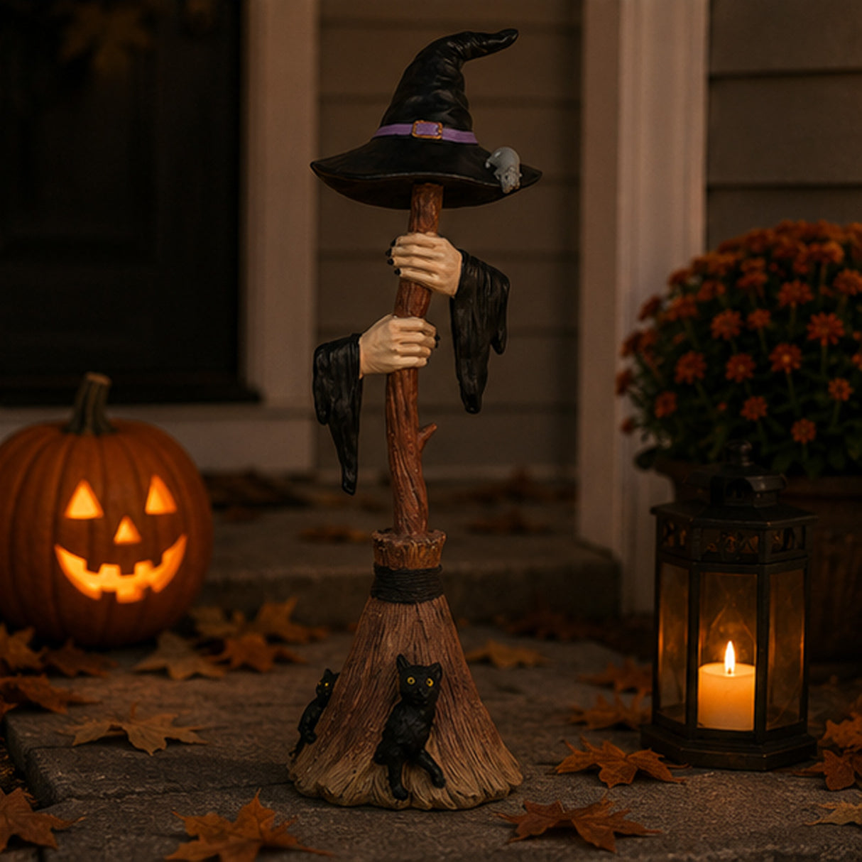 48IN Halloween Witch Broom with Arms & Hat Table Decor