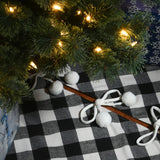 52IN Black White Plaid Christmas Tree Skirt with Pom Pom Ties