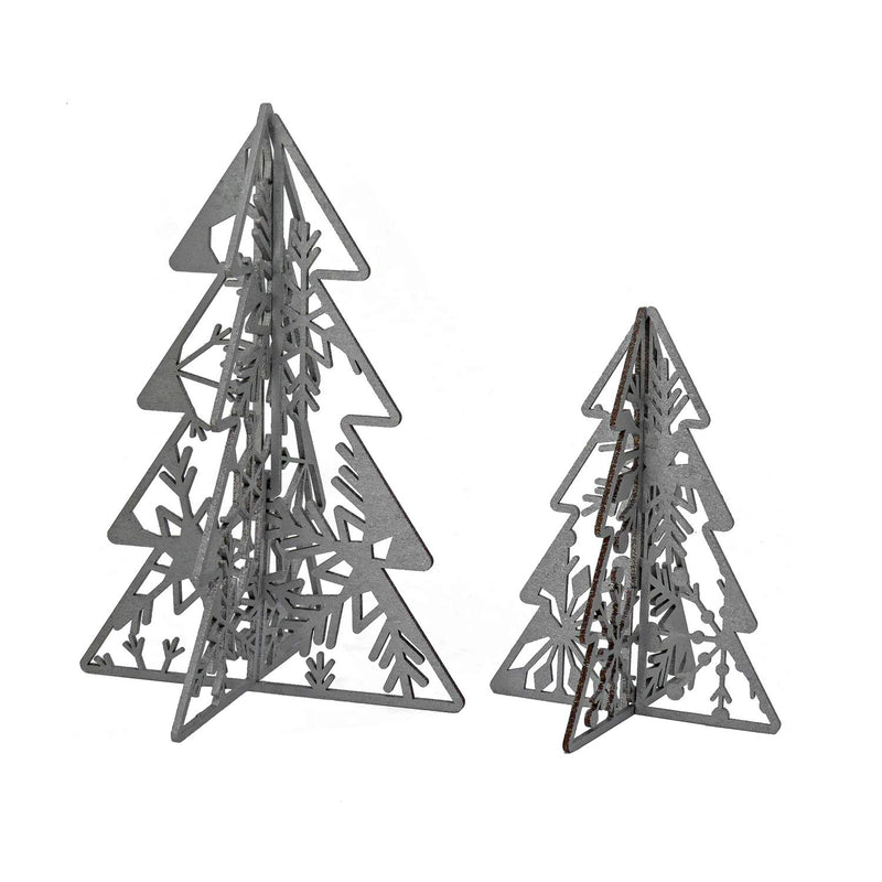 Set of 2 Silver Wooden Christmas Trees Table Decor 10IN & 7IN Modern Holiday Centerpiece