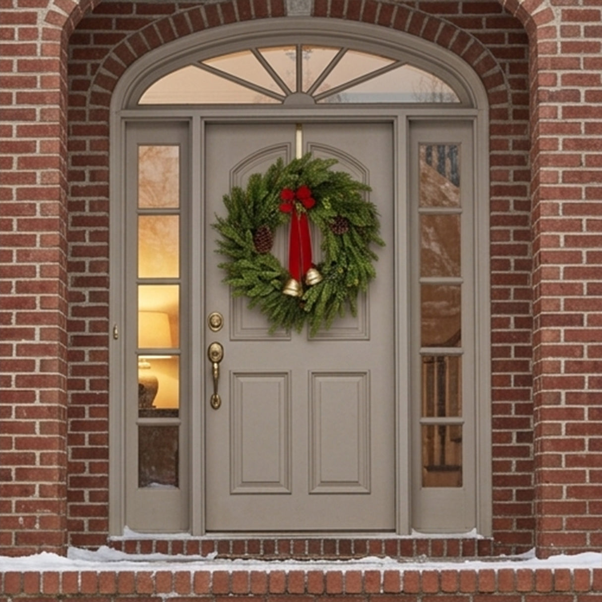 28IN Christmas Bells Pine Wreath with Red Bow and Gold Bells
