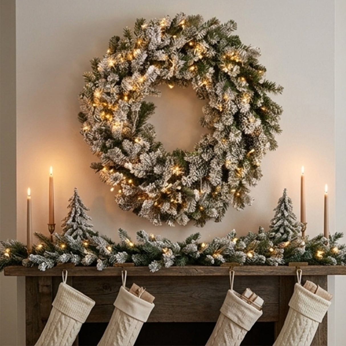 24IN Pre Lit Snowy Sheffield Spruce Wreath with Smart Twinkly LED Lights