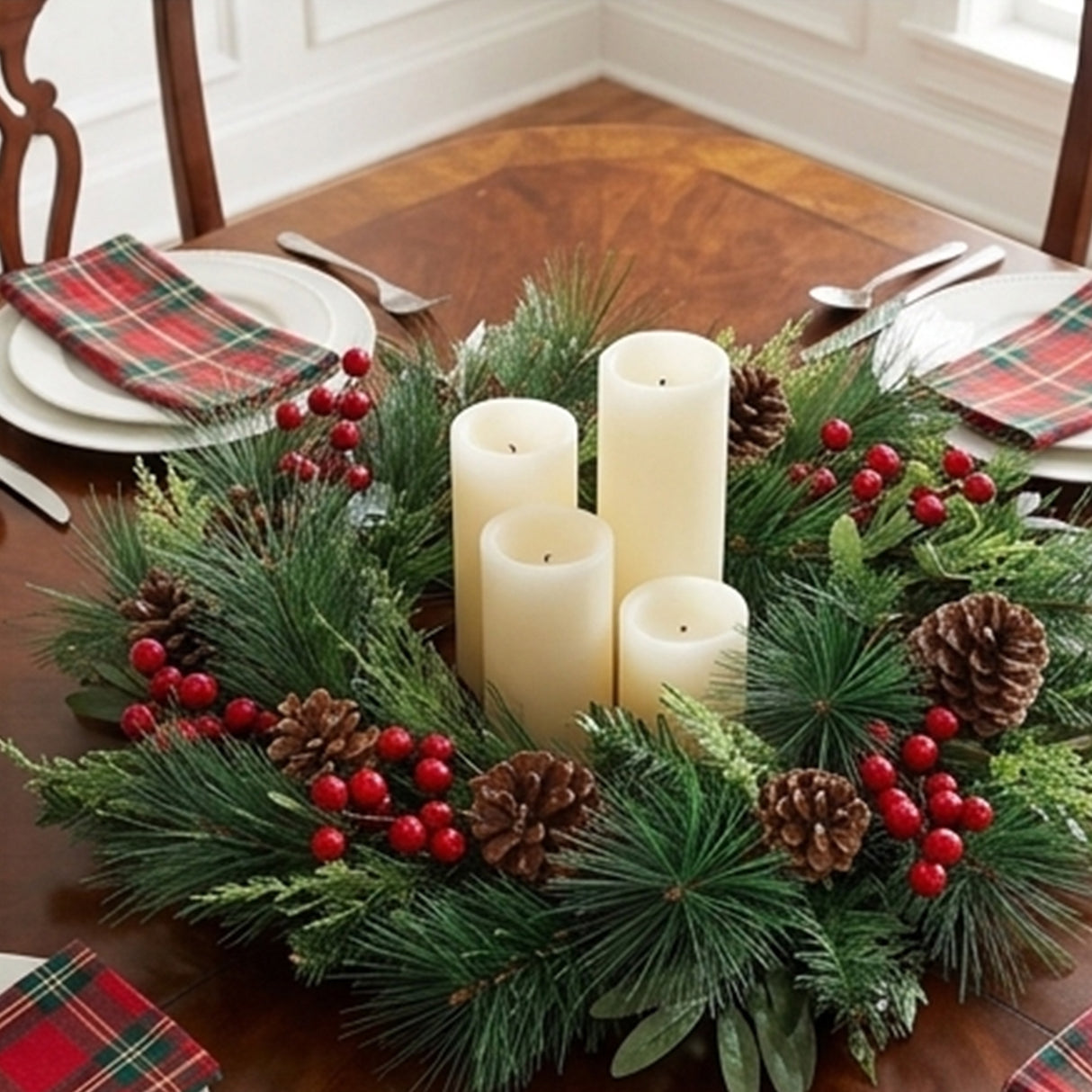 24IN Mixed Pine and Berries Wreath with Buffalo Plaid Bow