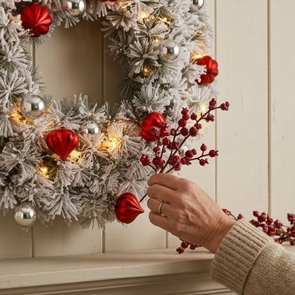 Pre-Lit 30 in. Snowy Bristle Pine Christmas Wreath with Warm White LED Lights