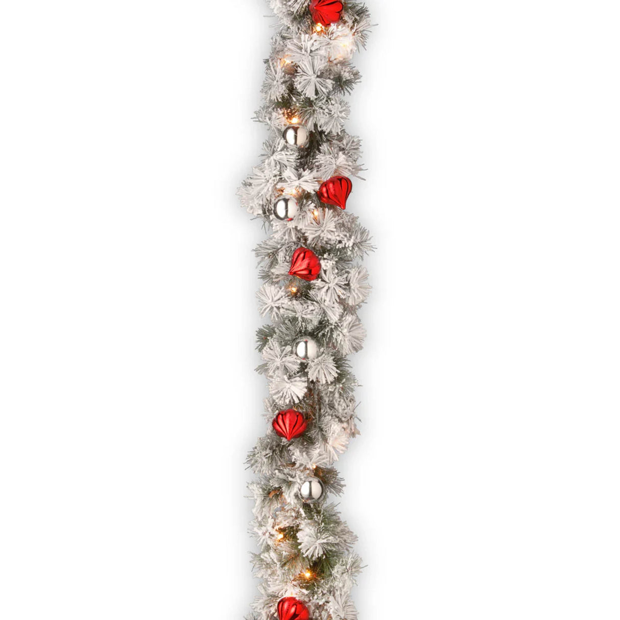 Pre-Lit Snowy Bristle Pine Garland with Clear Lights and Ornaments, 9 Foot (Plug-In)