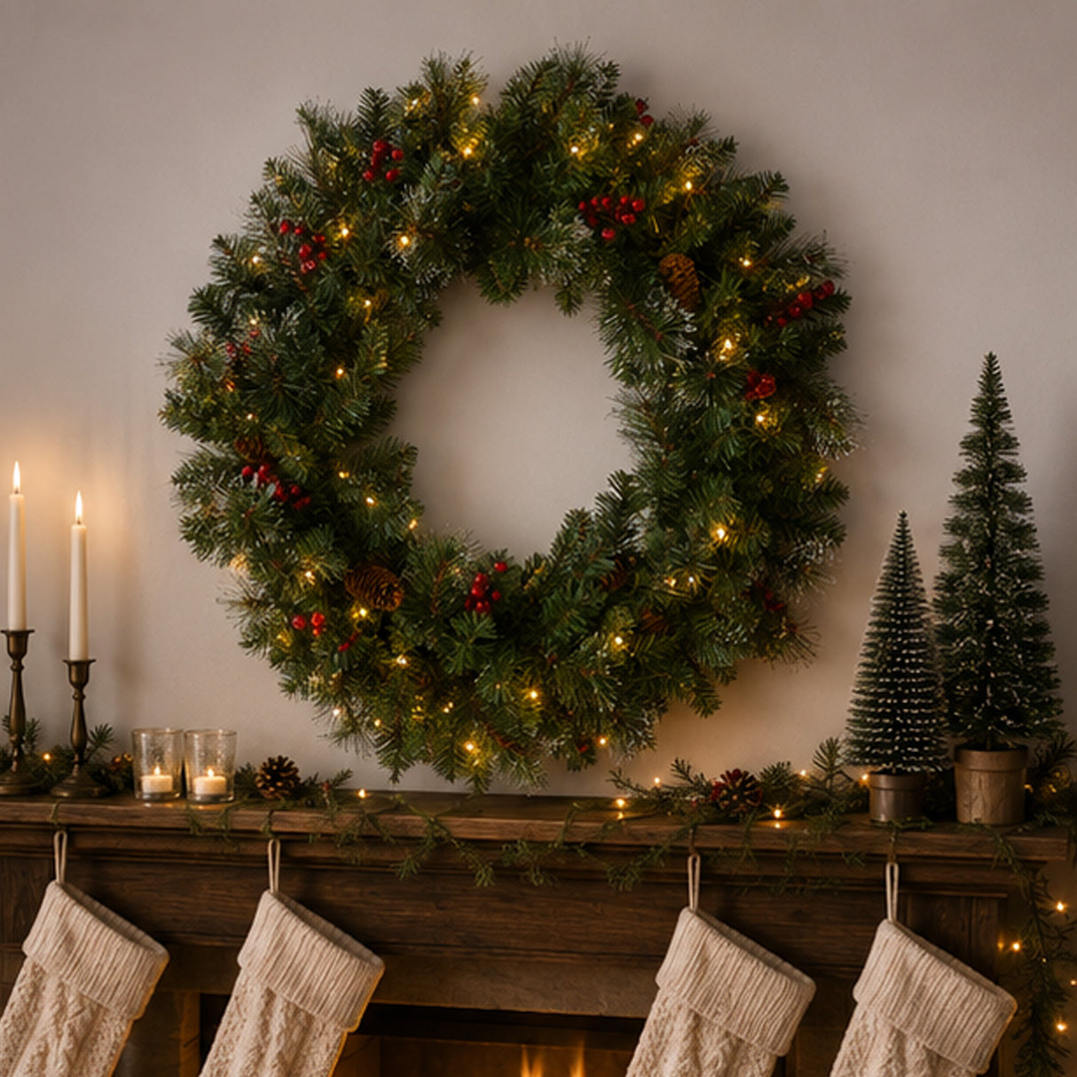 Pre-Lit Crestwood Spruce Wreath with Warm White LED Lights, 30 Inch