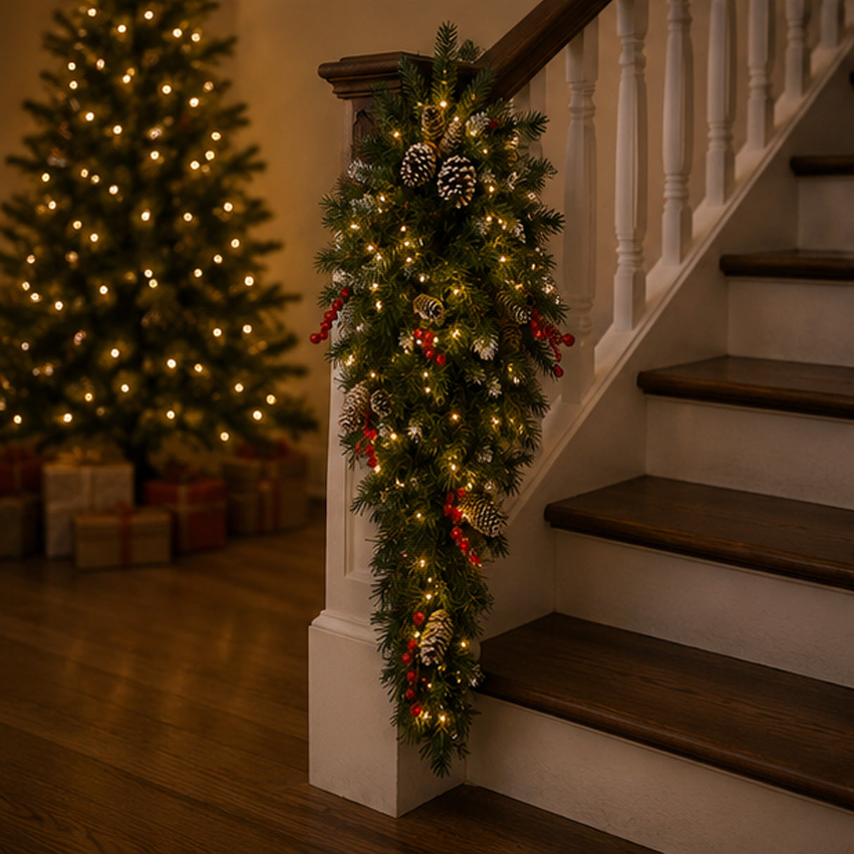 Pre-Lit Frosted Berry Teardrop Swag with Warm White LED Lights, 36 Inch
