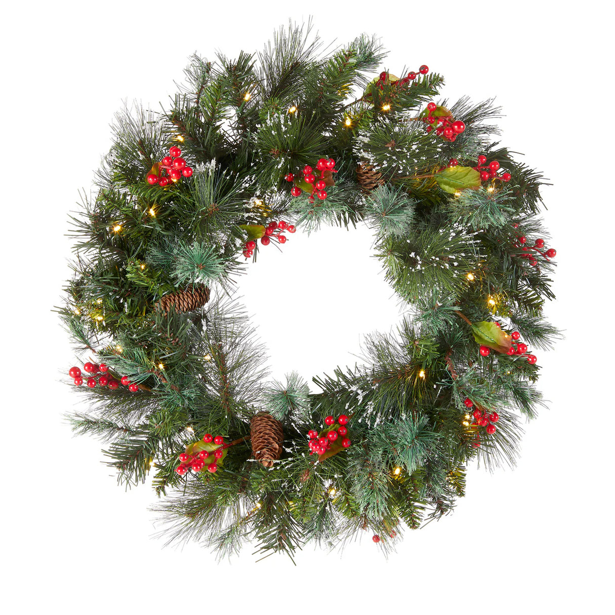 Pre-Lit Wintry Pine Wreath with Warm White LED Lights, 24 Inch