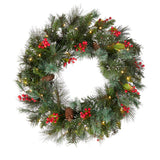 Pre-Lit Wintry Pine Wreath with Warm White LED Lights, 24 Inch