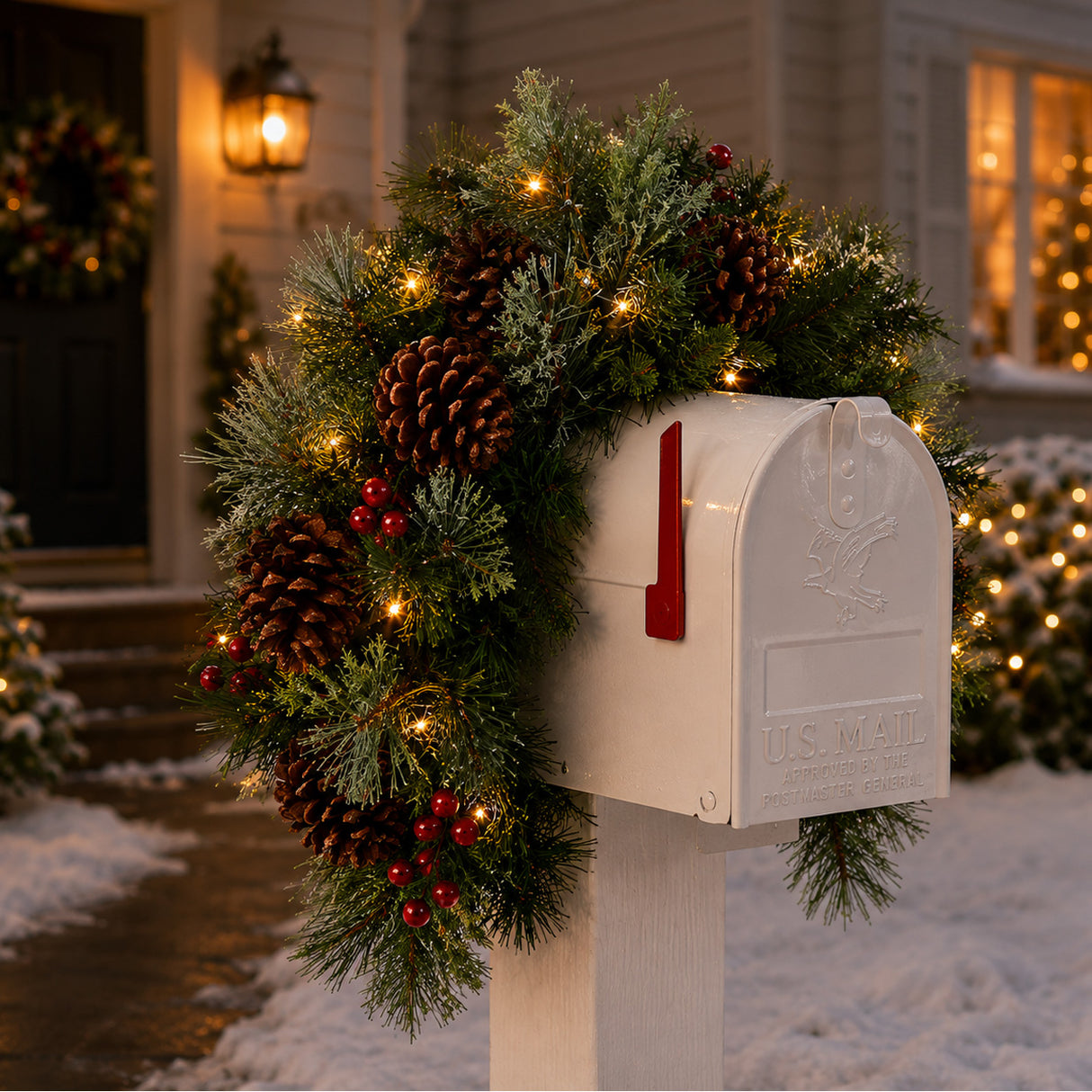 Pre-Lit Colonial Fir Mailbox Swag with Warm White LED Lights, 36 Inch