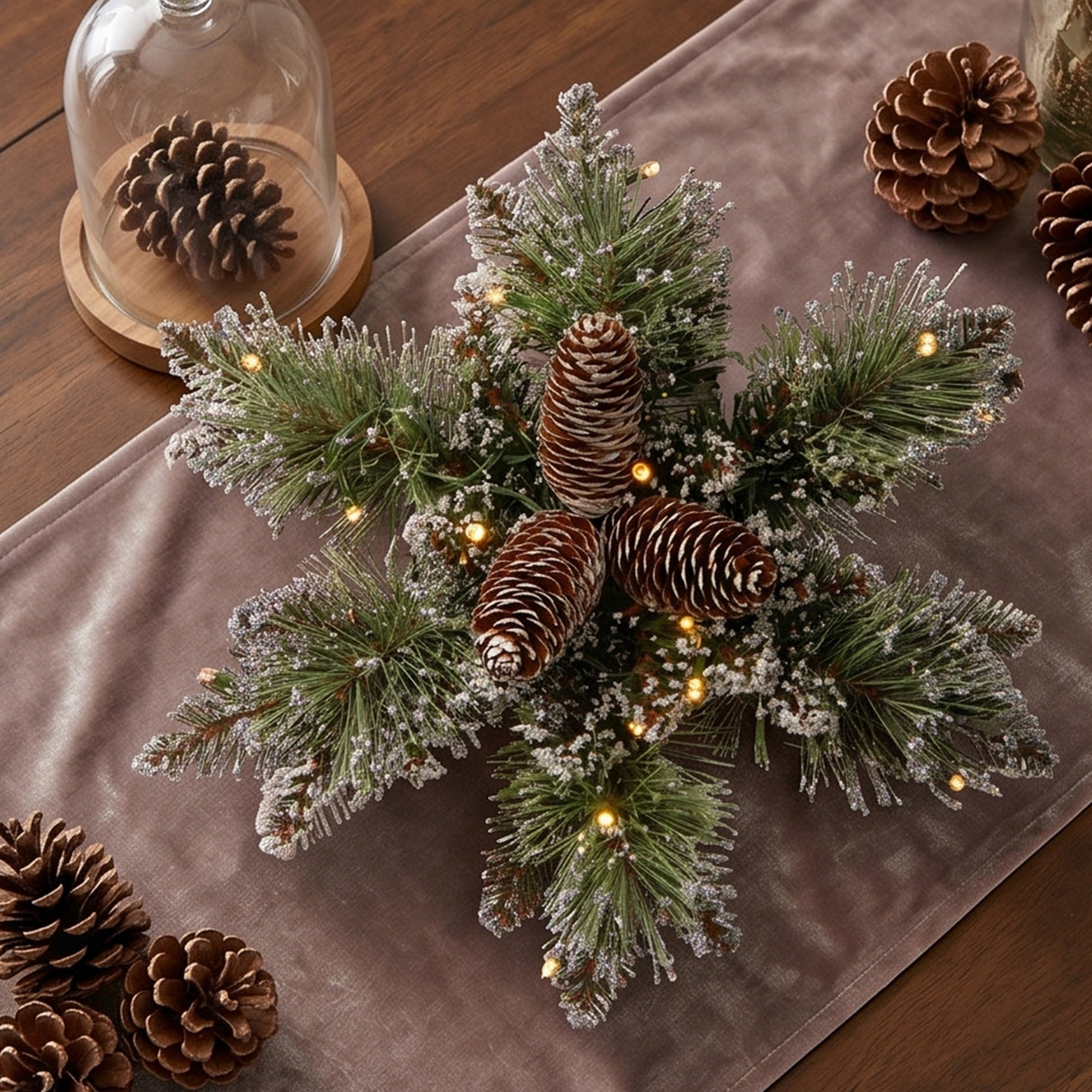 Pre-Lit Glittery Bristle Pine Snowflake Wreath with Warm White LED Lights, 14 Inch