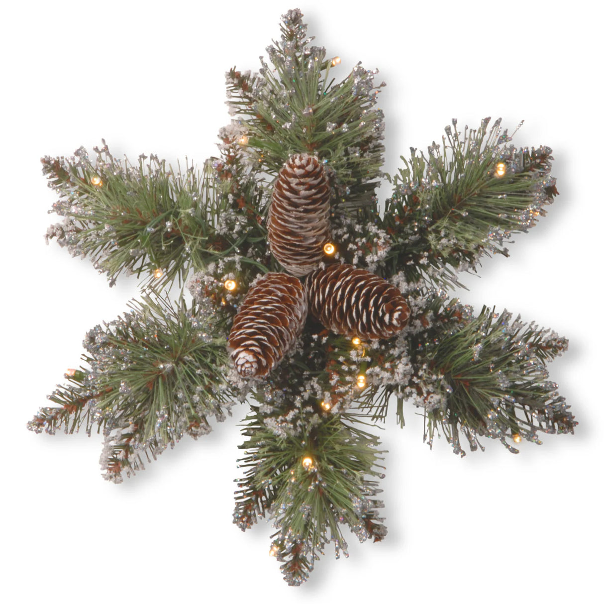 Pre-Lit Glittery Bristle Pine Snowflake Wreath with Warm White LED Lights, 14 Inch