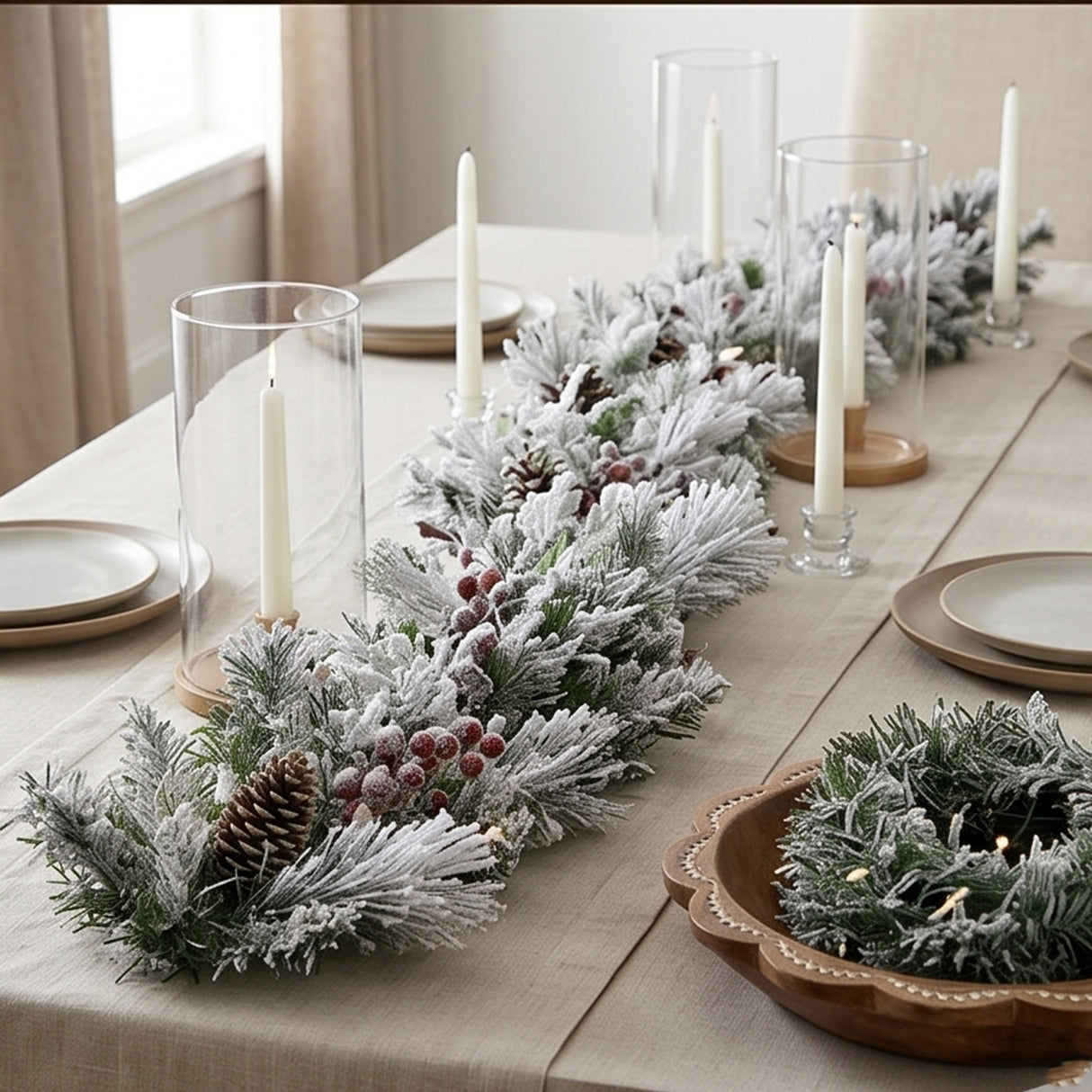 Pre-Lit Snowy Bedford Pine Garland with Warm White LED Lights, 9 Foot