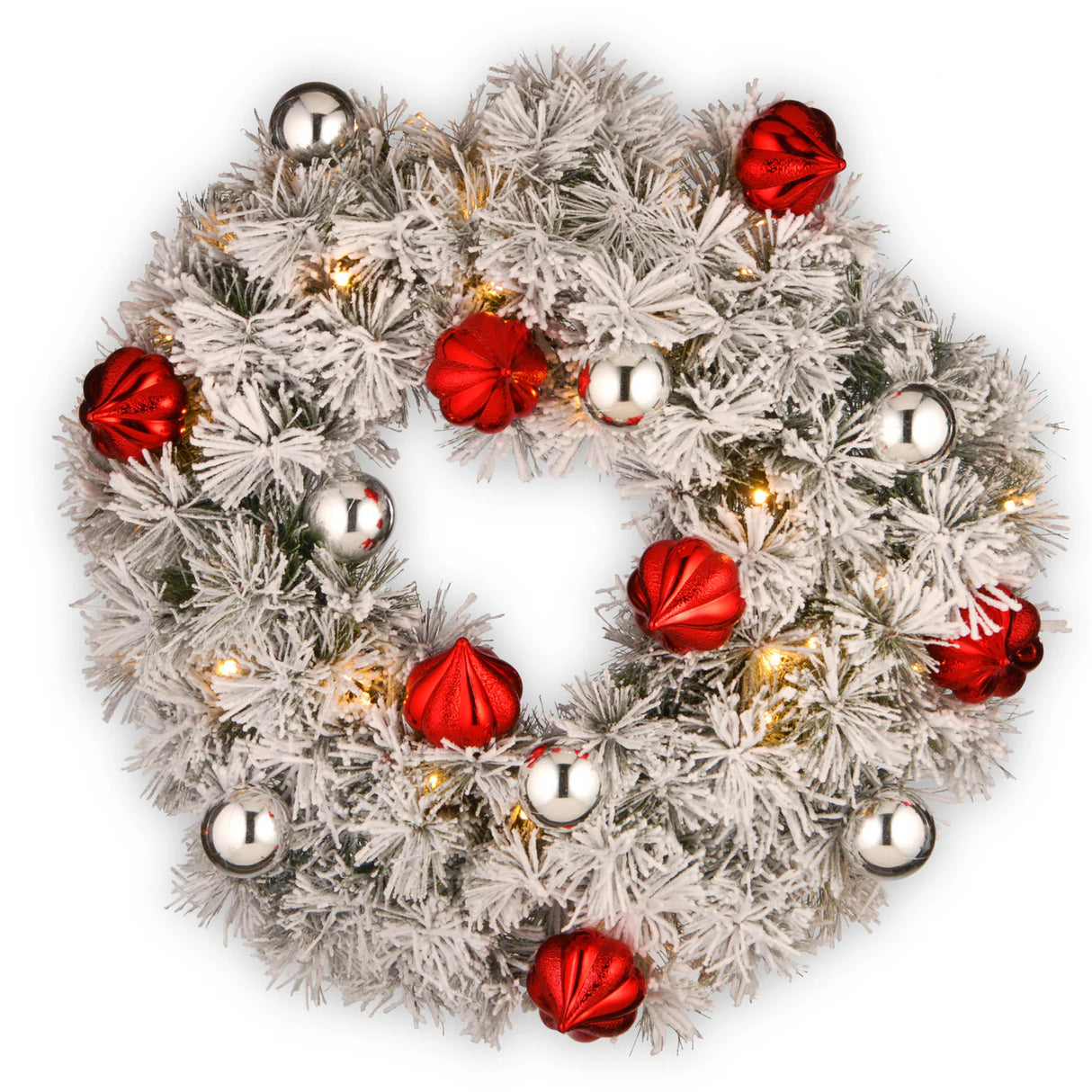 Pre-Lit Snowy Bristle Pine Wreath with Red & Silver Ornaments, 24 Inch