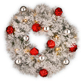 Pre-Lit Snowy Bristle Pine Wreath with Red & Silver Ornaments, 24 Inch
