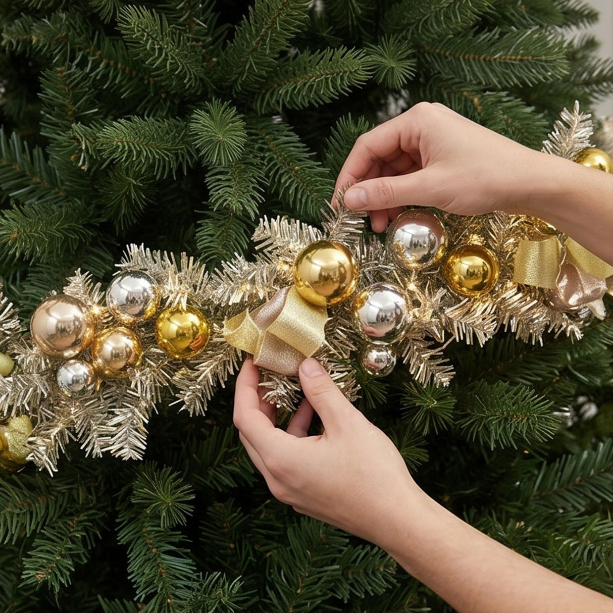 Pre-Lit Gold & Silver Ornament Metallic Christmas Garland with Warm White LED Lights, 9 Foot