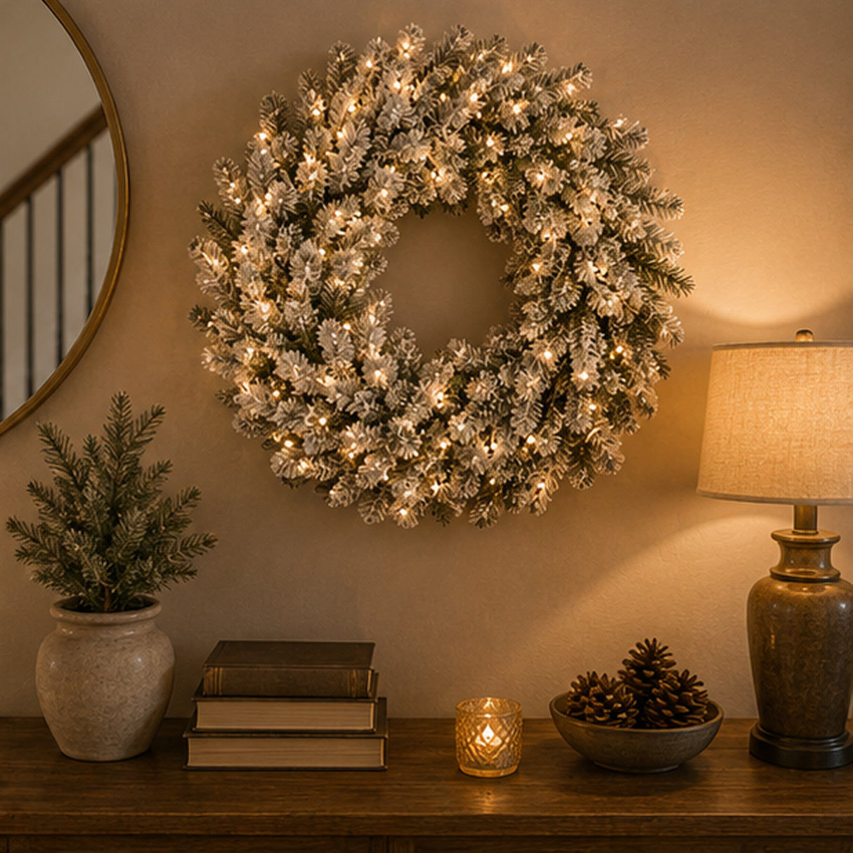 Pre-Lit Snowy Sheffield Spruce Wreath with Smart Twinkly LED Lights, 24 Inch