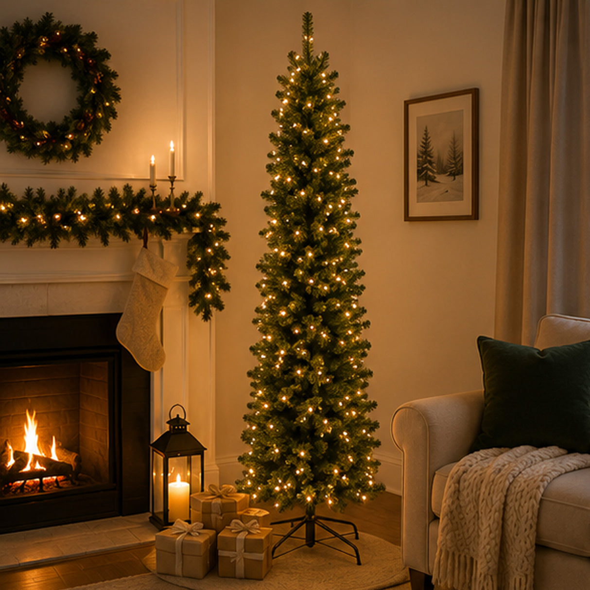 10ft Pre-Lit North Valley Spruce Pencil Slim Christmas Tree with Clear Lights