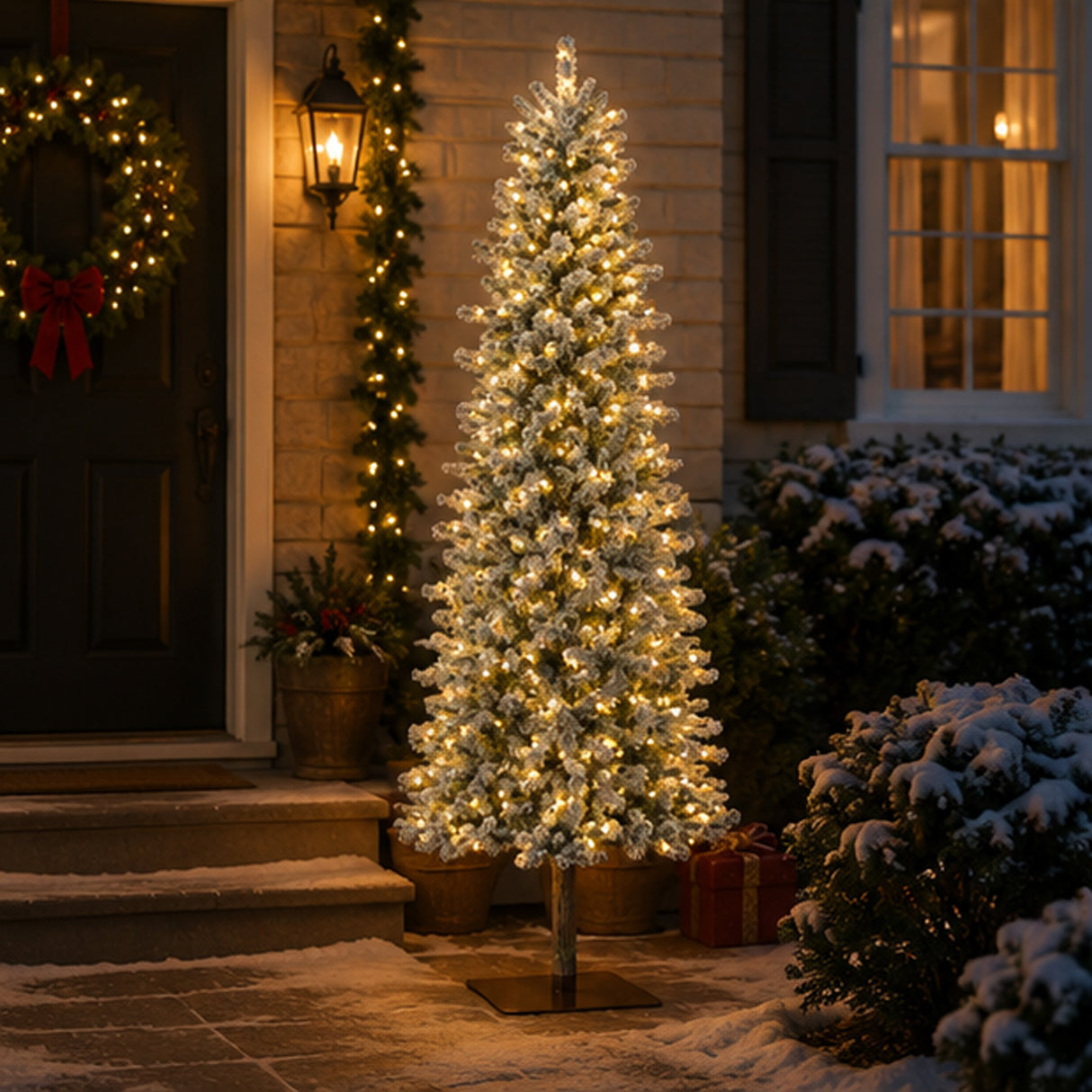 Pre Lit Flocked Alpine Slim Pencil Christmas Tree with LED Lights