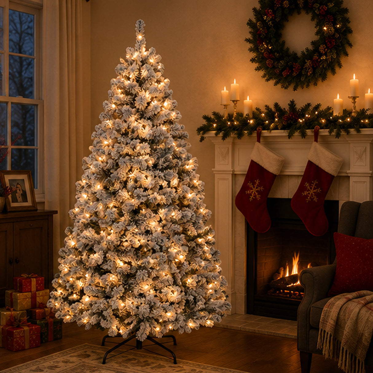Pre Lit Snow Flocked Pine Christmas Tree with Warm White Lights