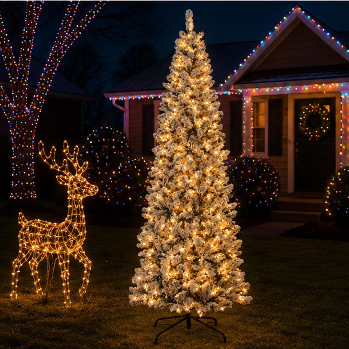 Pre Lit Snow Flocked Pencil Christmas Tree Slim Artificial Tree