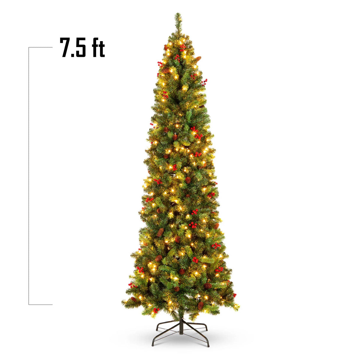 Pre Lit Spruce Pencil Christmas Tree with Pine Cones and Berries