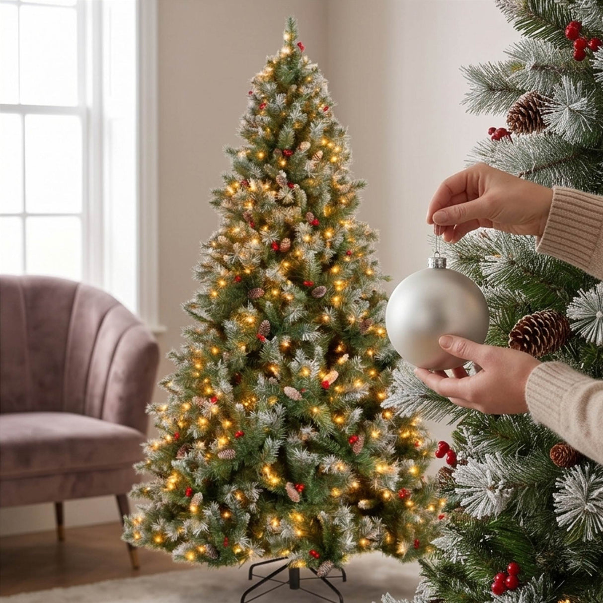 Pre Lit Christmas Pine Tree with Pine Cones Berries Flocked Branches