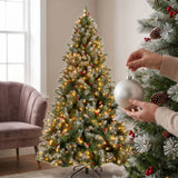 Pre Lit Christmas Pine Tree with Pine Cones Berries Flocked Branches