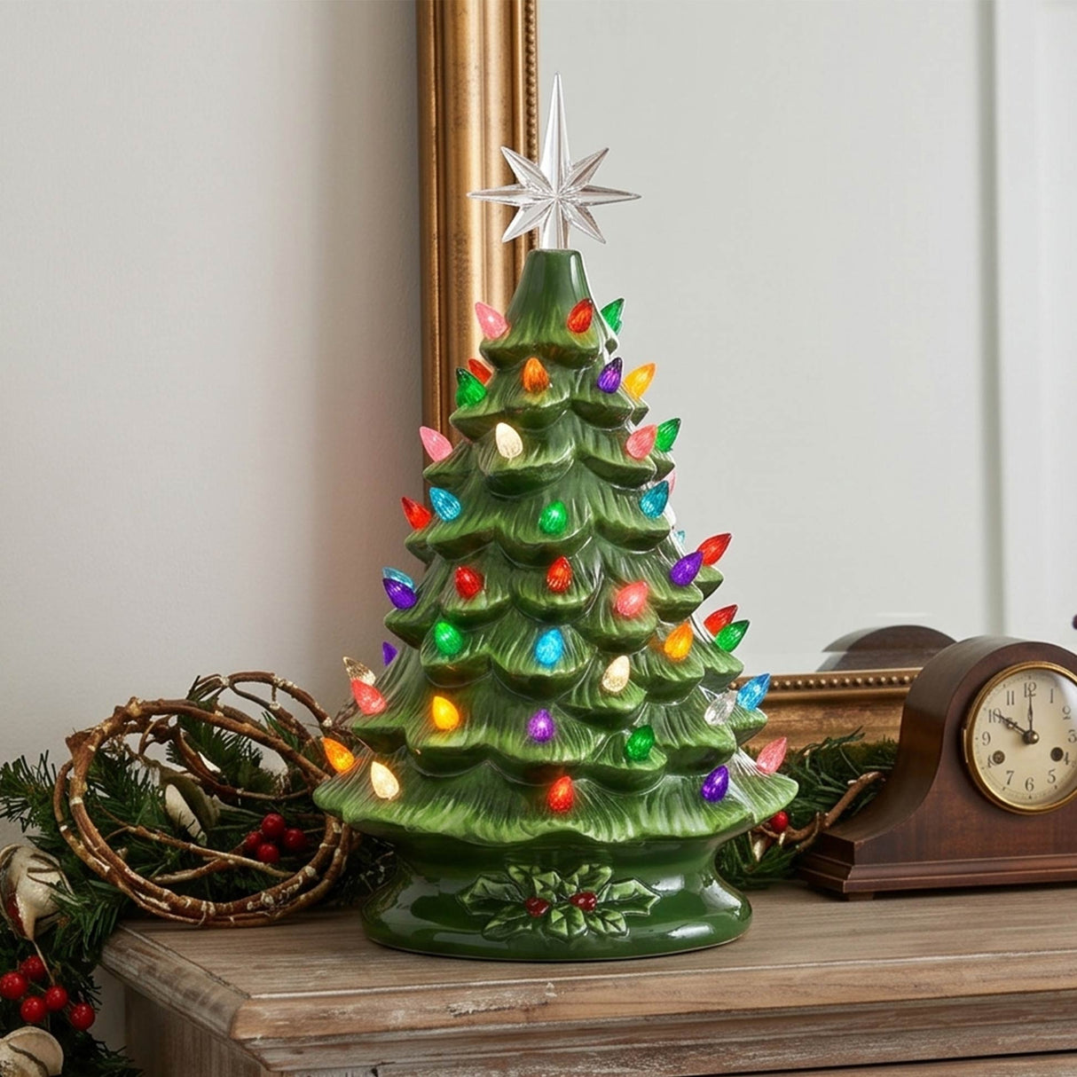 Pre Lit Ceramic Tabletop Christmas Tree with Lights 15 Inch