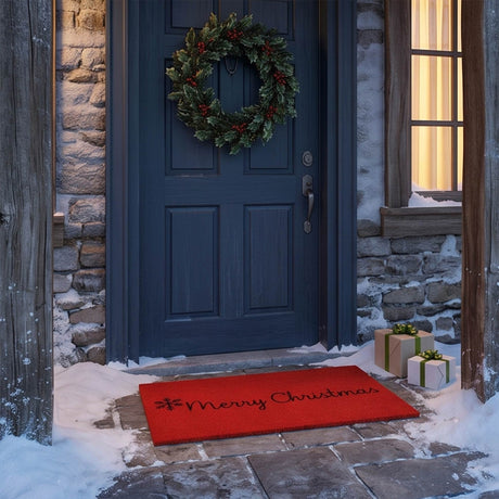 Red Merry Christmas Coir Door Mat 17x29 Inch Holiday Welcome Mat