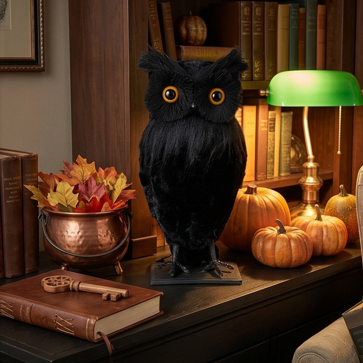 11 in. Halloween Lifelike Owl Tabletop Decoration with LED Eyes