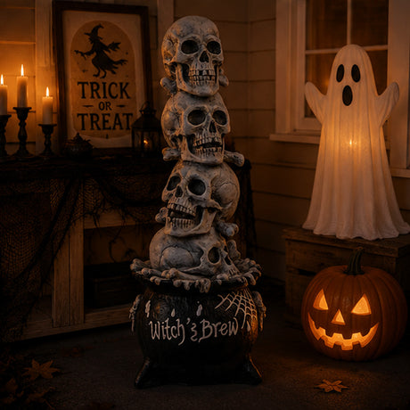 38 in Stacked Skulls Cauldron Halloween Tabletop Decor