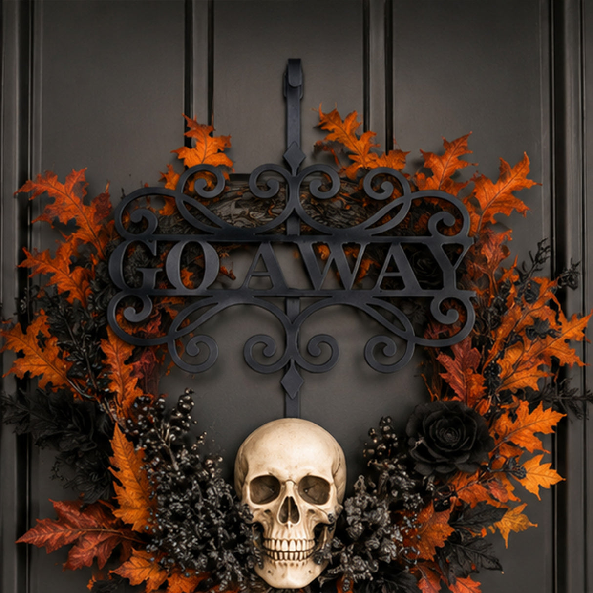 17 in Halloween Go Away Metal Wreath Hanger Black Door Decor