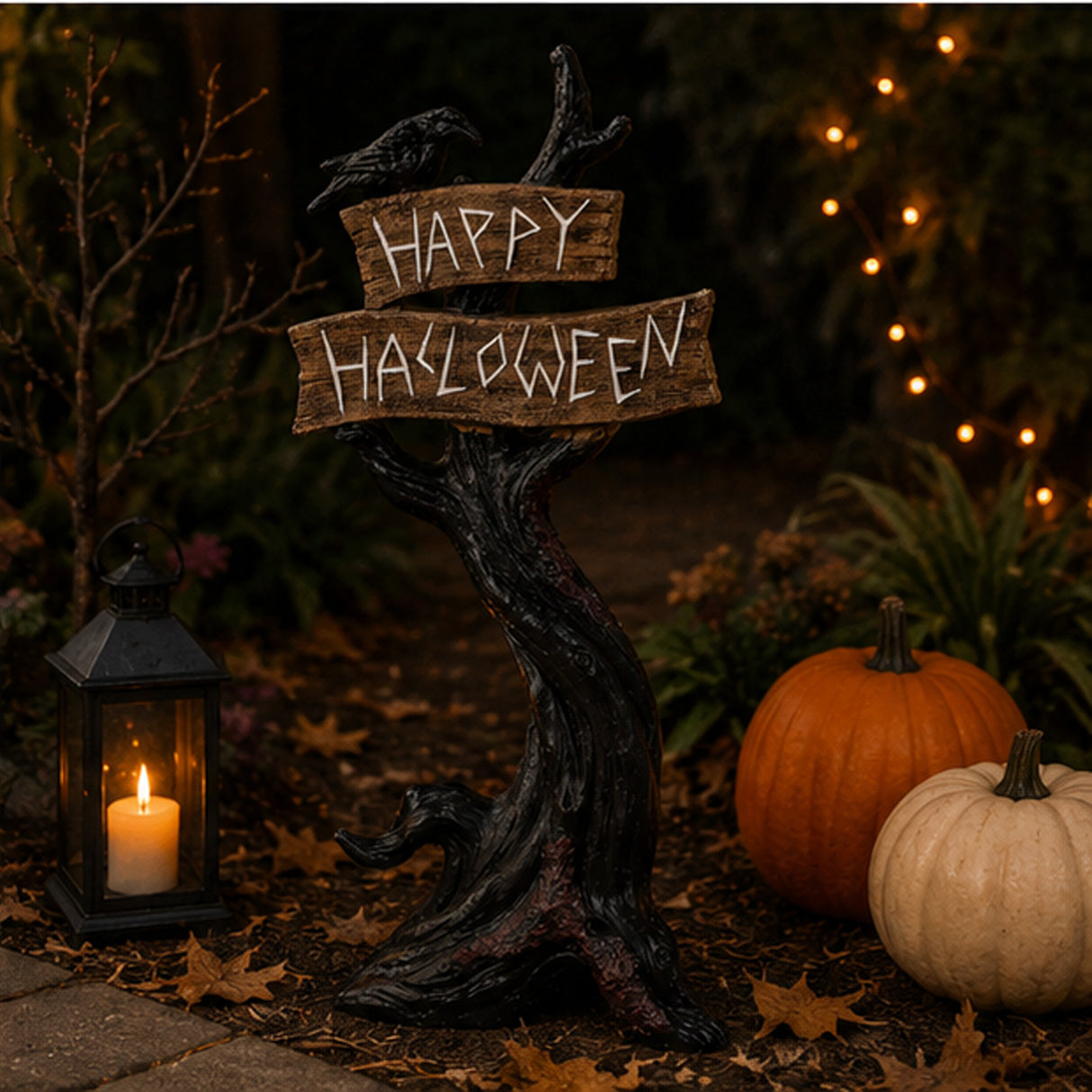 32IN Crow on Tree with Happy Halloween Sign Tabletop Decor
