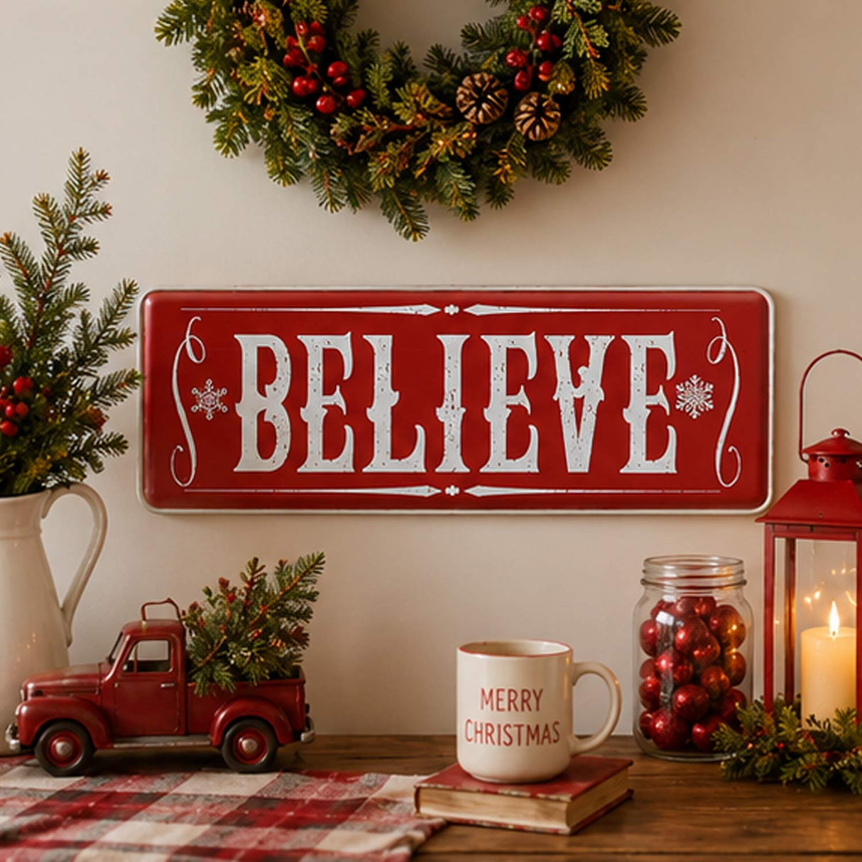 31IN Believe Horizontal Metal Holiday Wall Sign Red Vintage Snowflake Christmas Decor