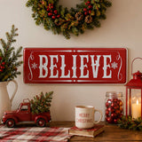 31IN Believe Horizontal Metal Holiday Wall Sign Red Vintage Snowflake Christmas Decor