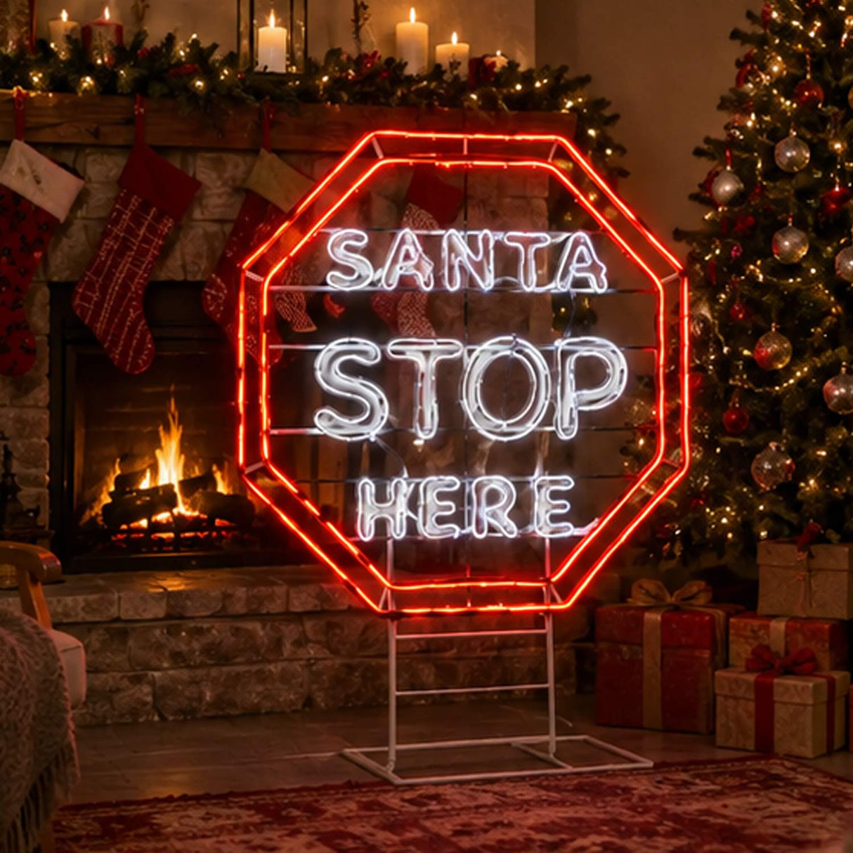 44IN Santa Stop Here LED Light Sign Neon Style Christmas Decor