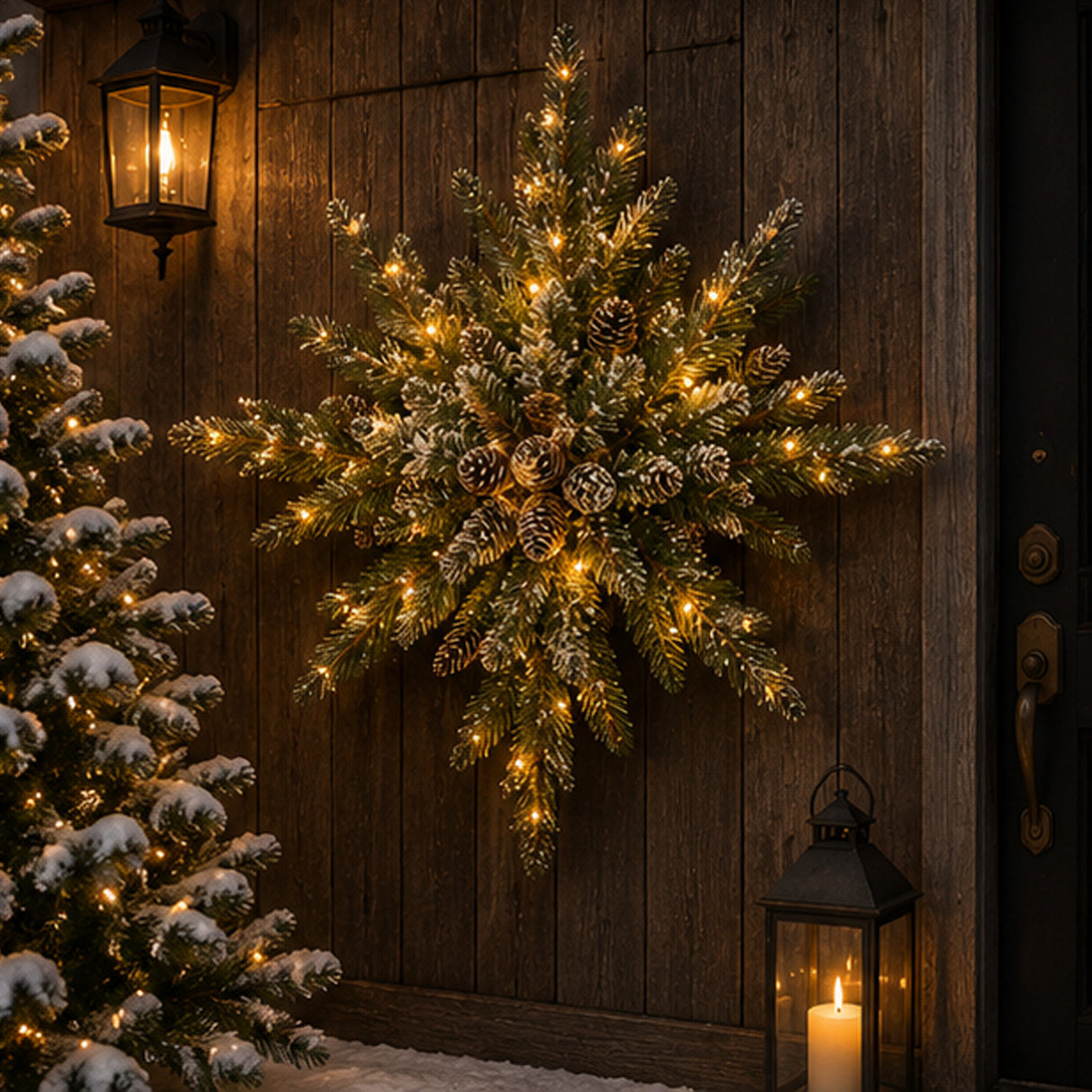 Pre-Lit 32 in. Glittery Bristle Pine Snowflake Christmas Wall & Door Decoration with Warm White LED Lights