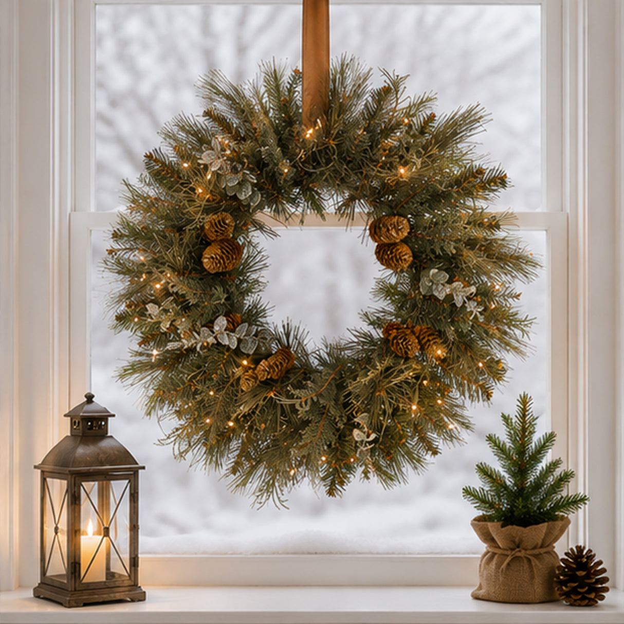 Pre-Lit 24 in. North Conway Christmas Wreath with Clear Lights with Eucalyptus and Pinecones