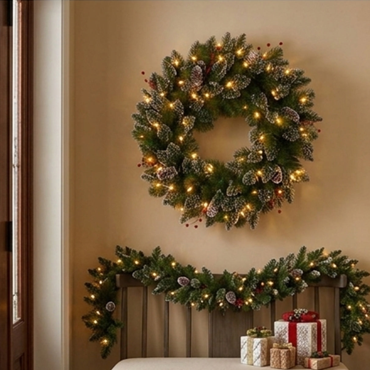 Pre-Lit 24 in. Glittery Mountain Spruce Christmas Wreath with Warm White LED Lights