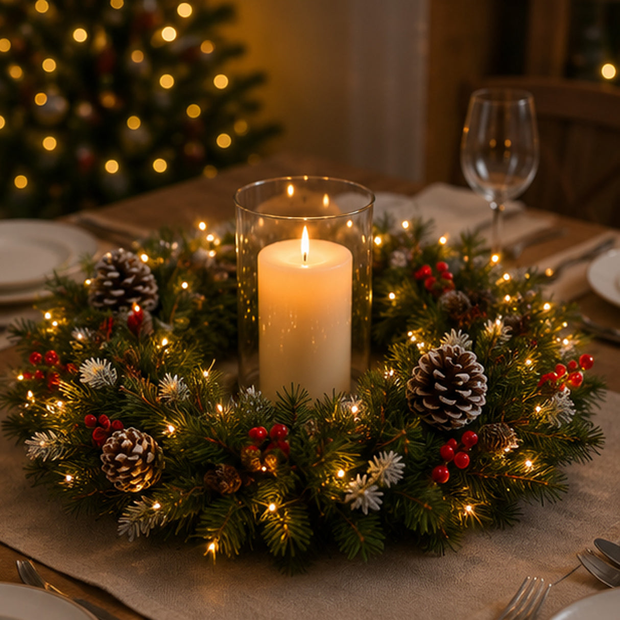 Pre-Lit 24 in. Frosted Berry Christmas Wreath with Clear Lights, Plug-In Holiday Door Decoration